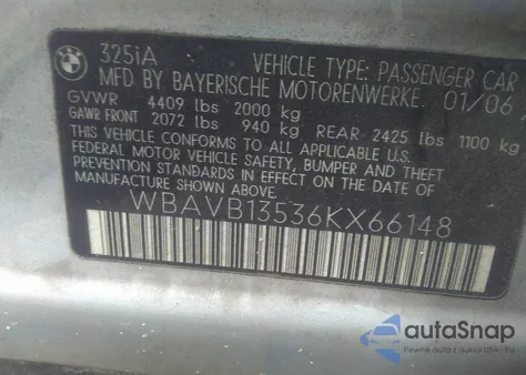 2006 BMW 325I из США, поврежденный, VIN WBAVB13536KX66148